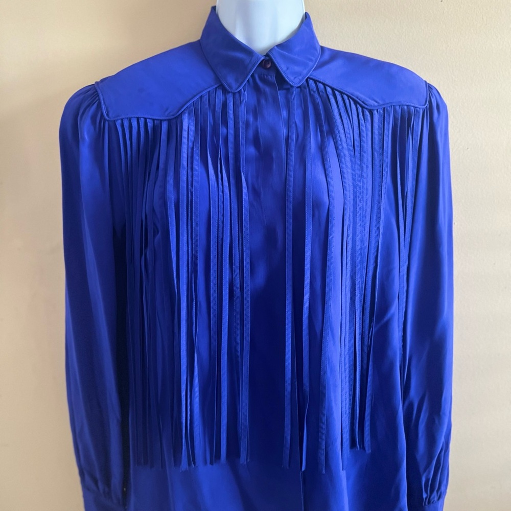 Royal Blue Long Sleeve Fringed/Western Flare Silk Blouse with Dress Shirt Collar